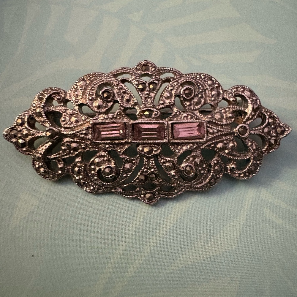 VTG  Art Deco Silver Rhinestone, pink  baguette accent stones & marcasite Brooch